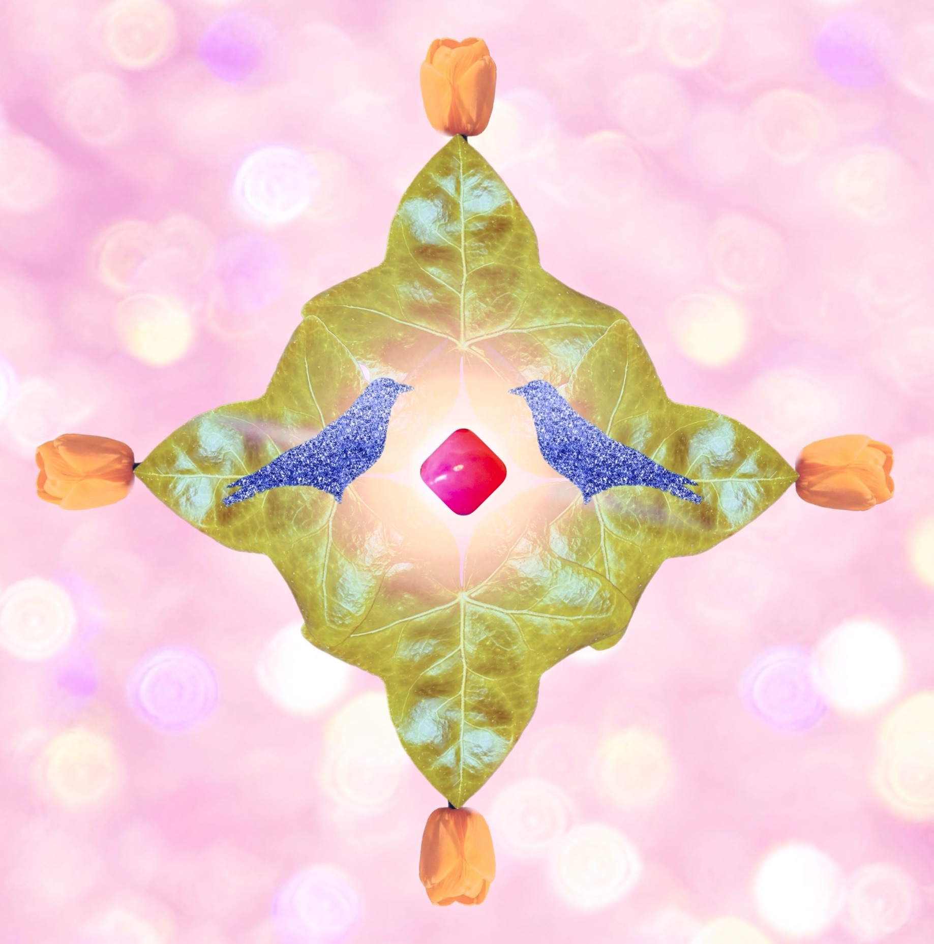 Two blue birds among tulips