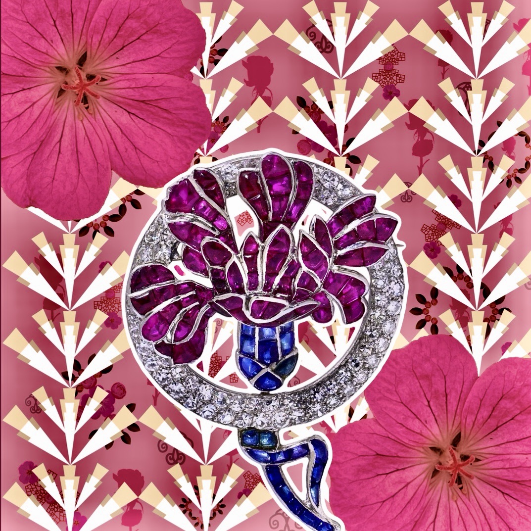 A flower decorated with rubies and sapphires